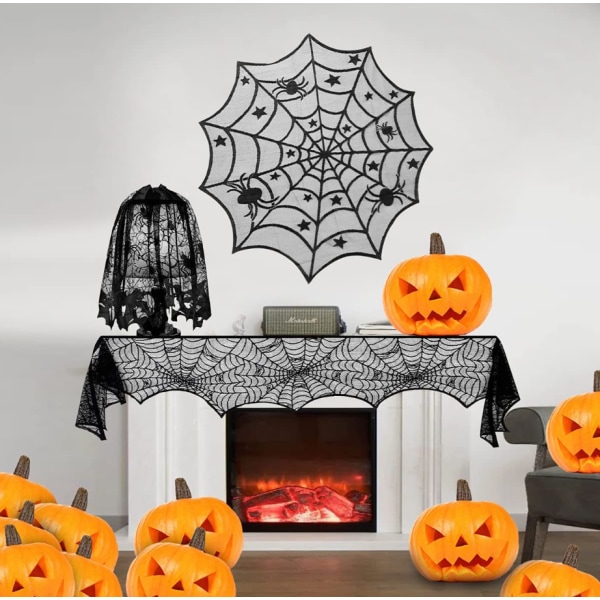 Halloween Dekoration Svart Spindelnät Spets Bordsduk Bord Flagga Gardindörr Gardin Öppen spis Scarf Spis Handduk Lampskärm (Fempack)