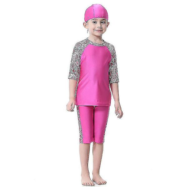 barn Flickor Islamiska Muslimska Badkläder Modest Burkini Arab Baddräkt Strandkläder Rose Red 3-4 Years
