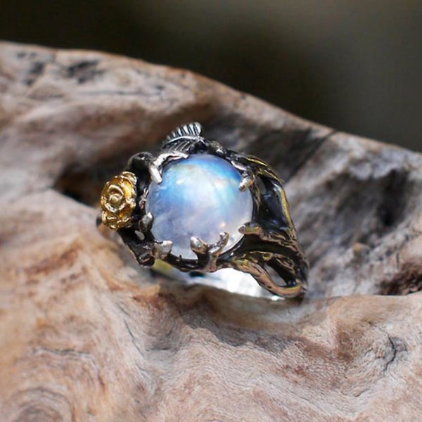 Vintage rund imiteret månesten indlagt rose blade kvinder ring part smykker indretning US 7
