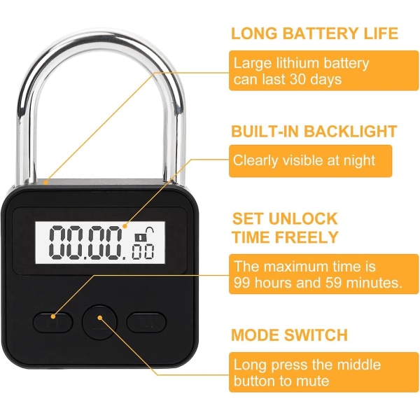Smart Time Lock Max 99 timmars tidslås med LCD-skärm USB Uppladdningsbart säkerhetshänglås Kraftig metall elektroniskt timerlås (svart)
