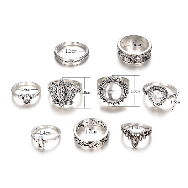 9 st/ set Retro Dam Strass Knuckle Finger Ring Smycken Tillbehör Presenter