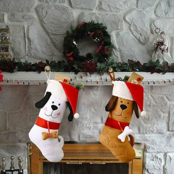 Pack julstrumpa Söt hund jul hatt mönster julstrumpa 15,7 tums festdekorationer Hängande öppen spis