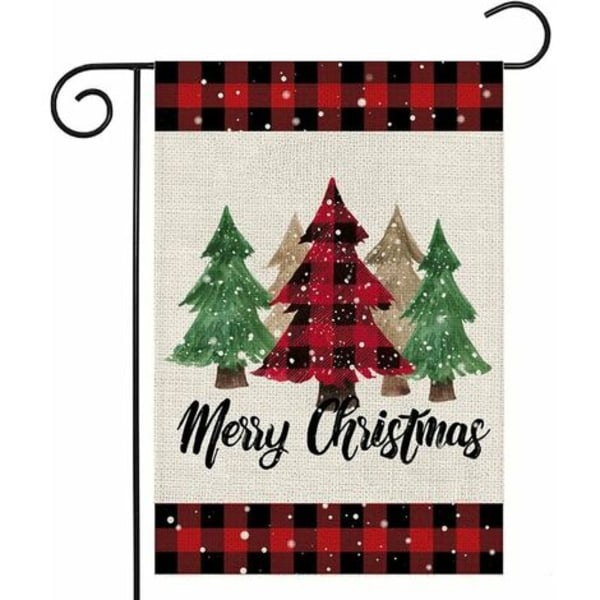 Merry Christmas Trees Puutarhalippu Punaiset ja mustat Buffalo-ruudulliset joulukuuset, 12×18 pystysuorat kaksipuoliset, pieni talvi