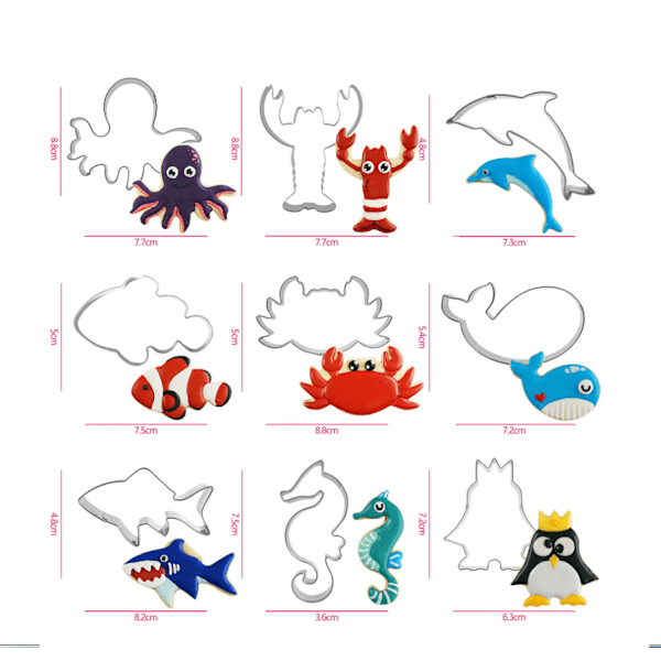 Whale Shark Cookie Cutting Die Sæt med 9 stykker Rustfrit Stål Pingvin Marine Dyr Sæt Krabbe Form Omelet,