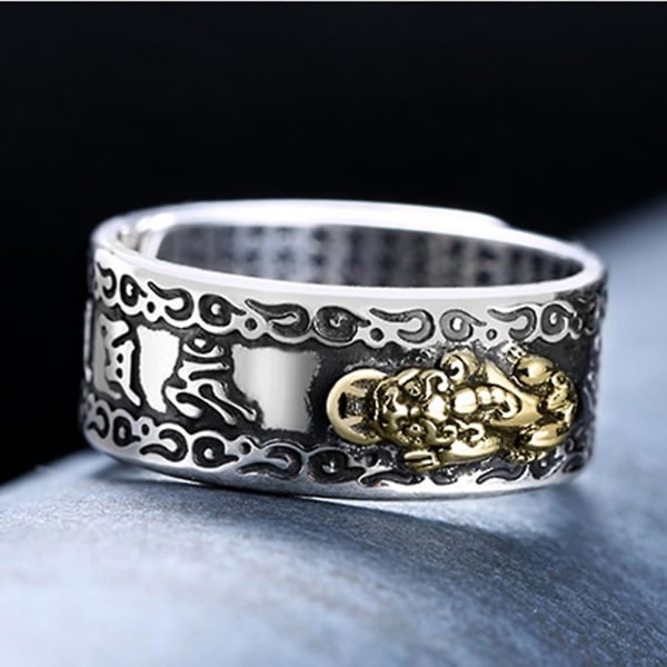 Lucky Men Silverpläterad Piqiu Heart Sutra Graverad öppning Finger Ring Smycken