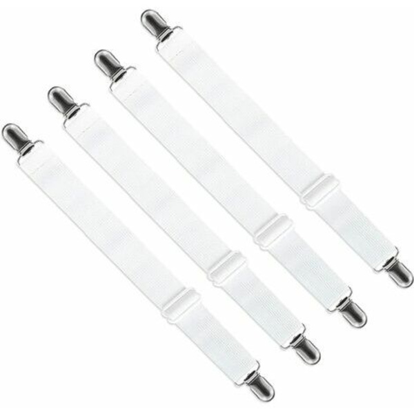 Elastisk lagnetstrammer, justerbar fastgørelsesclips til sengetøj, sofa, strygebetræk (hvid, 4-pack, udvidet sektion)