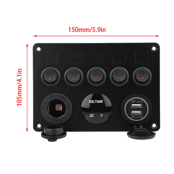 12-24V 5-gang vippebryterpanel med dobbel USB-voltmeter for bil, båt, marine, lastebil, rød LED