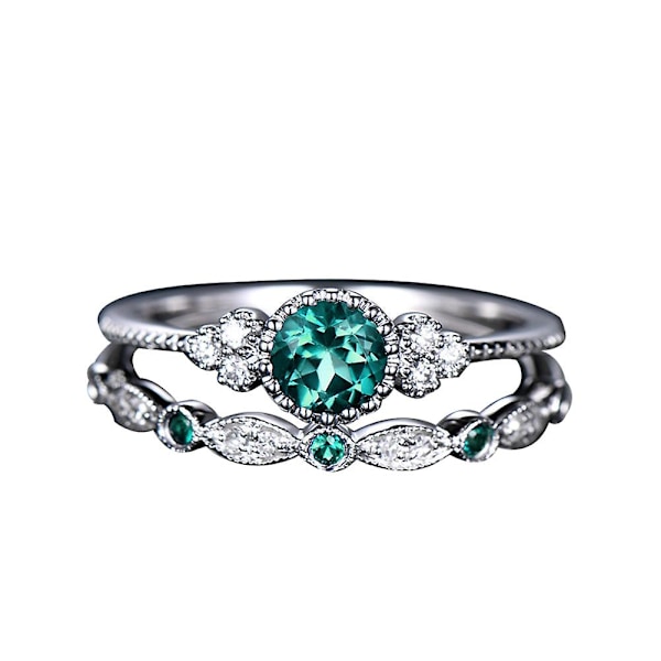 2st/ set Kvinnor Cubic Zirconia Inlagd Stapelbar Fingerring Bröllop Smycken Present Green US 9