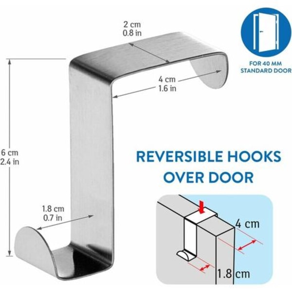 Seger – 6 dörrkrokar i rostfritt stål – Vändbara för standarddörr och garderobsskåp – Upp till 5 kg