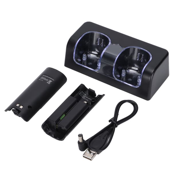 Trådløs Batterioplader med AC Adapter Stabil Bærbar Dobbelt Ladestation Dock til Wii Spilcontroller Batteri Sort