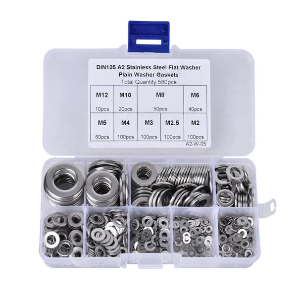 580st Rostfritt Stål Platt Bricka Sortimentskit M2 M2.5 M3 M4 M5 M6 M8 M10 M12