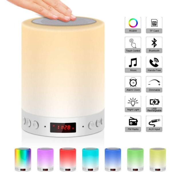 Sengelampe med Bluetooth-højttaler med FM-radio og digitalt vækkeur med USB Touch Control Digitalt ur RGB Night