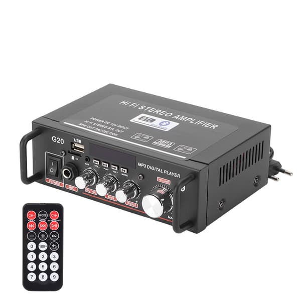2-kanals effektforsterker Mini Bluetooth USB/FM Smart Digital med fjernkontroll EU-plugg 220V