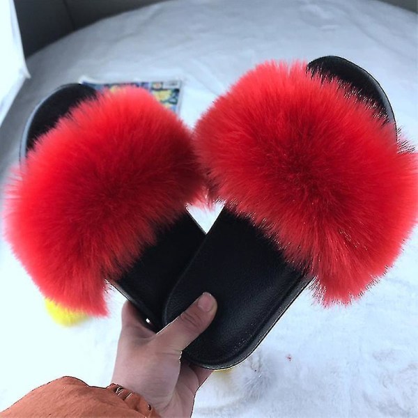 Kvinnors platta fuskpäls fluffiga sandaler Slip On Tofflor Snygga skor Red 38-39
