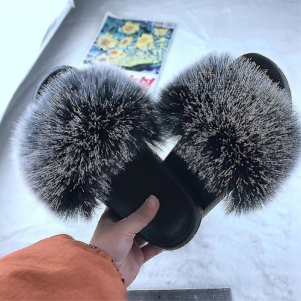 Kvinnors platta fuskpäls fluffiga sandaler Slip On Tofflor Snygga skor Black White 40-41