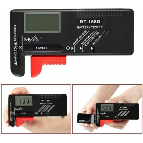Digital batteritester, Universal batteritester, batteritester, til AA, AAA, C, D, PP3, 9V, 1,5V, knapbatterier - W