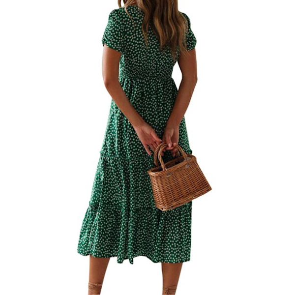 Hot kvinders korte ærmer blomsterprint sommer afslappet mellemlængde swing kjole Green 2XL