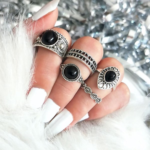 5 st Vintage Hollow Drop Ovan Knuckle Kvinnor Stapling Midi Rings Set Pub Gift