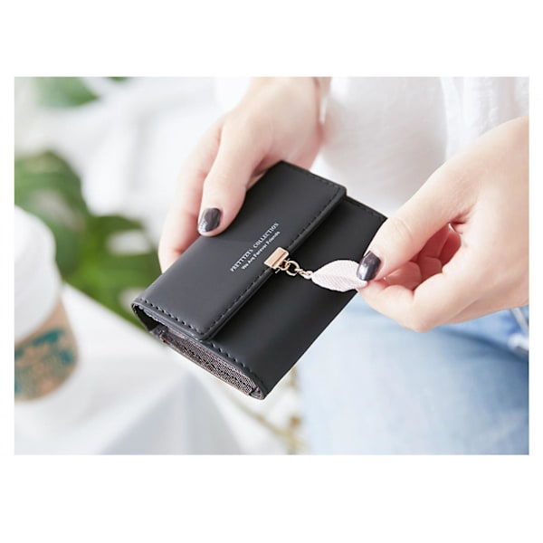 Liten plånbok För Kvinnor Rfid Flickor Plånbok Läder Vegan Löv Pendel Korthållare Organizer Blixtlås Myntväska A916-1149 Black