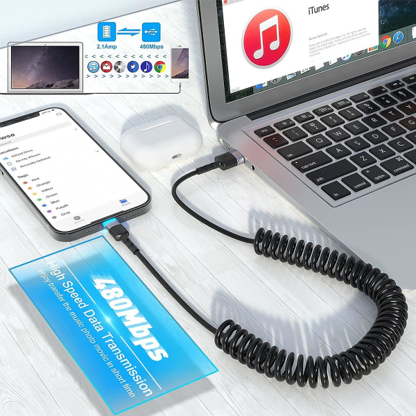 Spiralformad Lightning-kabel [MFi-certifierad & Carplay-kompatibel], USB till Lightning-kabel 6 fot Datakabel Kompatibel med Xs/xs Max/xr/x/12/11/11 Plus/8/7 Pl
