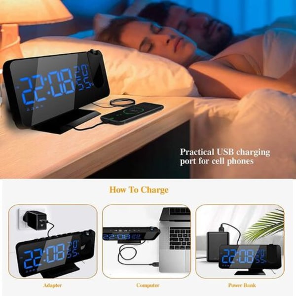 Projektori herätyskello radiolla, digitaalikello, USB herätyskelloradio kahdella hälytyksellä ja 7 (Blue Word) LED-peilikuva