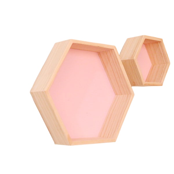 Massiivipuinen seinähylly näyttöhylly kuusikulmainen hunajakennohylly (iso, pieni, vaaleanpunainen),