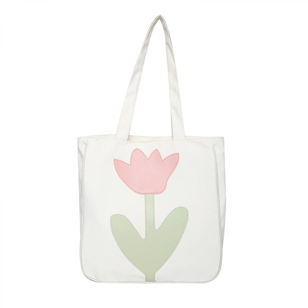 Medelstora blommönster canvas tygväska Universitetsstudent, blommiga shopping canvasväskor, initiala återanvändbara påsar Vita