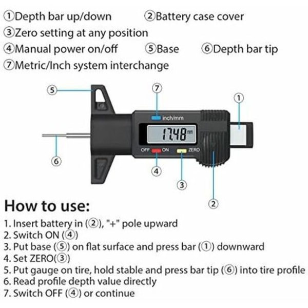 Dækmønsterdybdemåler, 0-25,4 mm bilmønstermåler Digital dybdemåler med LCD-skærm, dækmønstermåler Calipe til billastbil