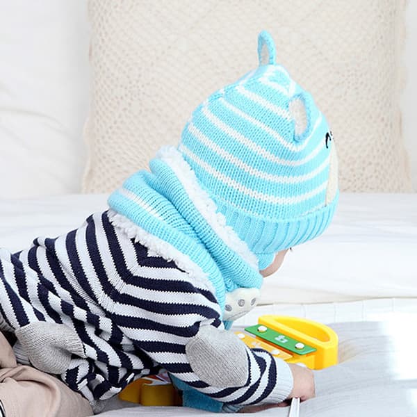 Barn Vinter Varm Öronlapps Mössa Hatt med Halsduk Stickad Baby Spädbarn