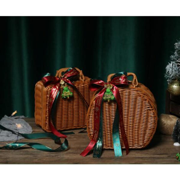 Förvaringskorg, naturligt trä för jul- eller festdekoration, bärbar presentförpackning i rotting, 22*20*12 cm