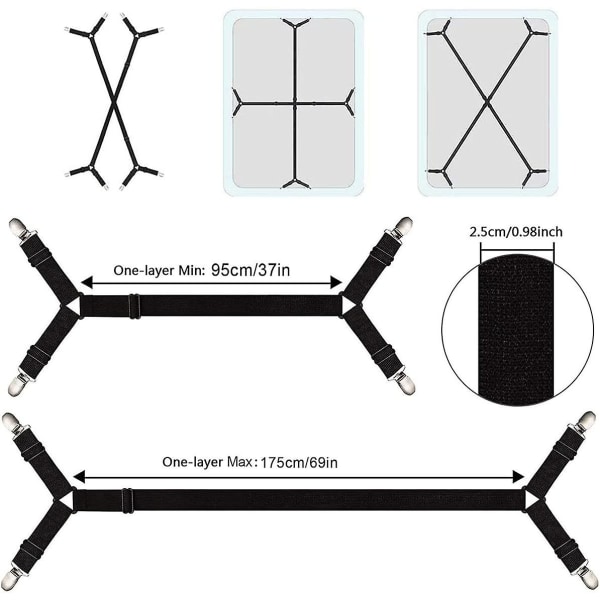 2 kpl säädettävät pitkät lakananpidikkeet lakananpidikkeet, säädettävät ristiin asennettavat lakanankiristimet, sopii kaikille neliöpatjoille - musta