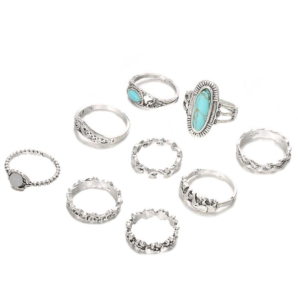 9 st/ set Kvinnor Retro Bohemian Faux Turkos Inläggningar Finger Ringar Smycken Present