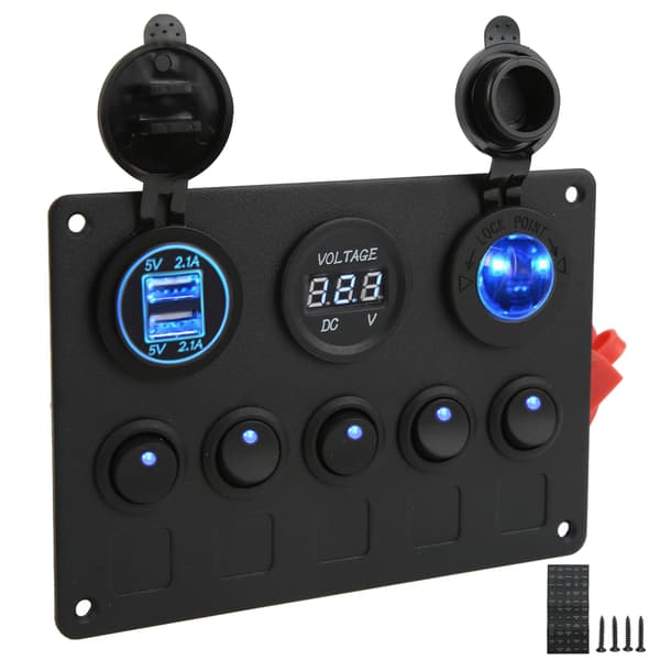 12/24V vippekontaktpanel rund 5-positionskontakt dobbelt USB-biloplader overophedningsbeskyttelse brug bådkontaktpanel