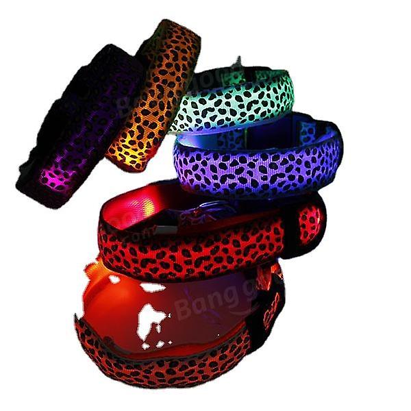 Hundehalsbånd, seler og snore, sikkerhedshalsbånd til kæledyr i nylon, LED-leopardprint (batteri, rød, M)