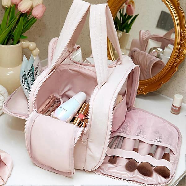 Makeup Rejsetaske til Kvinder, Toilettaske med Flere Rum til Forretningsrejse Pink