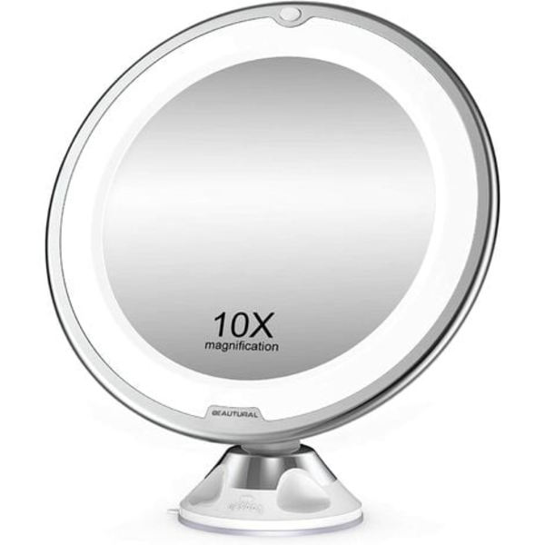 Makeup-spejl, 10x forstørrelse med dagslys hvid LED, bærbart oplyst badeværelsesspejl, 360 graders drejerotation og låsbar sugning