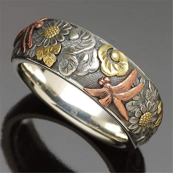 Kvinnor Män Elegant solrosmönster Dragonfly Design Finger Ring Band Smycken US 11