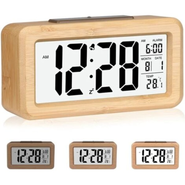 Easy Set Bamboo Digital väckarklocka med temperatur, datum, bakgrundsbelysning, snooze, för sovrum, säng, hem, kontor