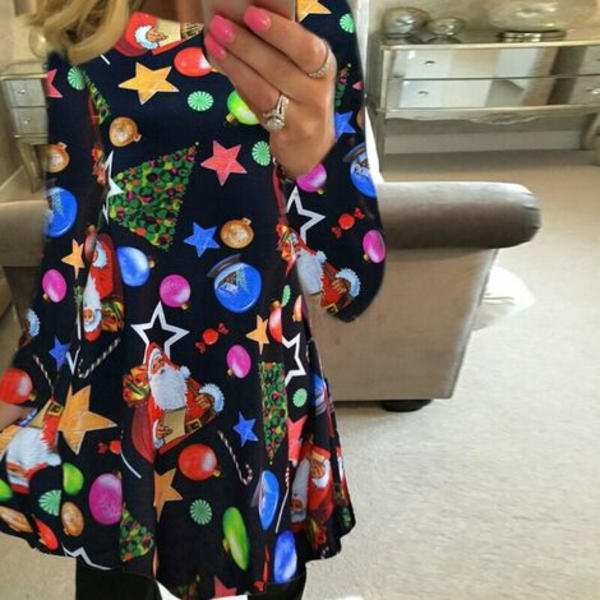 Annan juldekoration Klänning med print för damer Älg Snowflake Långärmad Casual Höst Vinter A-Line Party