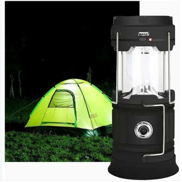 Solar/ USB uppladdningsbar LED-lampa, kraftfull campinglampa, 2 lägen bärbar trädgårdslampa, 360° hängande ficklampa, svart