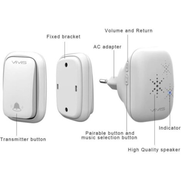 Trådlös självdriven dörrklocka Inget batteri krävs, räckvidd upp till 200m, 38 ringsignaler, 3 volymnivåer, lätt att installera