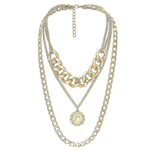 Chunky Gold Halsband Lås Hänglås Medaljon Hänge Coin Curb Chain Layering Silver