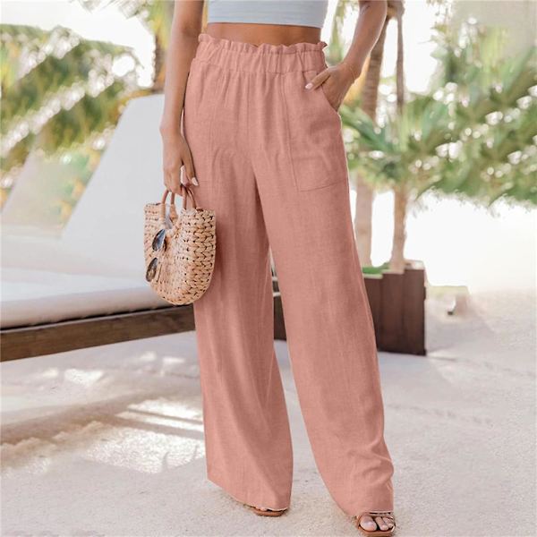 Ruffled Stretch byxor med vida ben för kvinnor Pink M