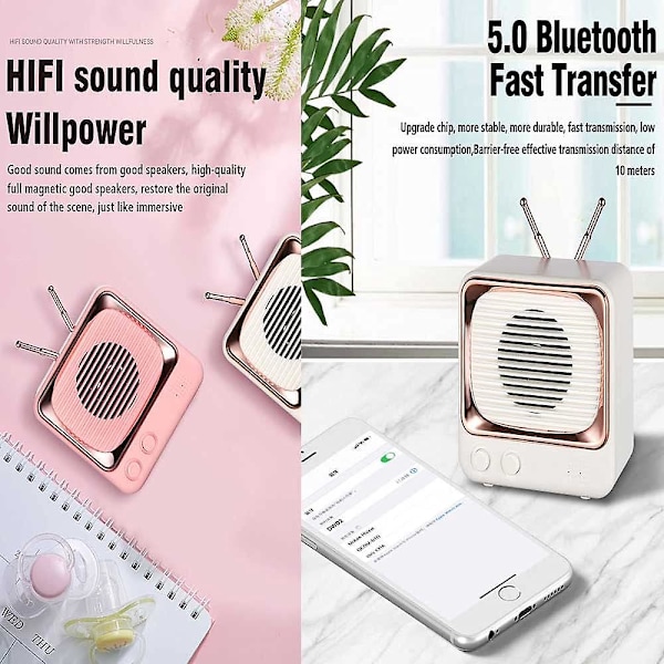 Retro Bluetooth Højttaler Minikort Trådløs Subwoofer Pink,