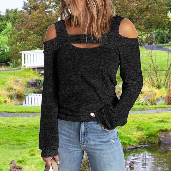 Dame Cold Shoulder Top Cut Out Design Ensfarvet Mode Langærmet Bluse til Hjemmeshopping Sort