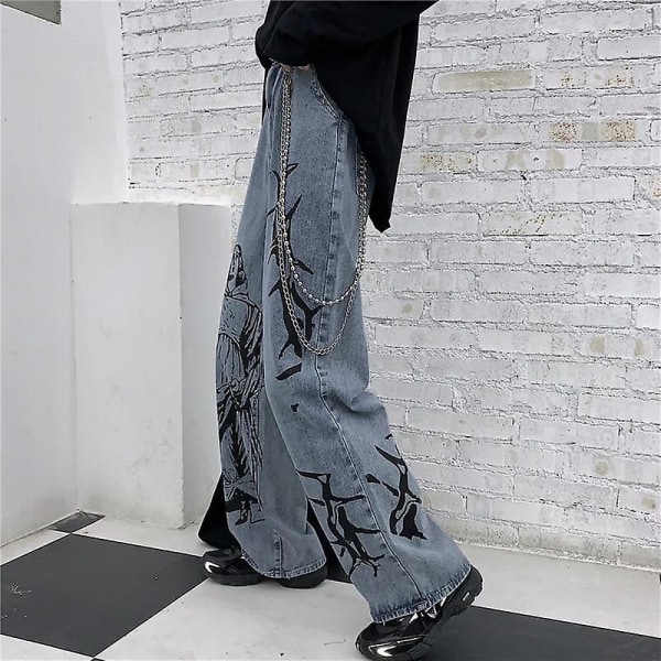 Ny sommer Hip-hop, Printing Wash Jeans, Loose Wide Leg Bukser S