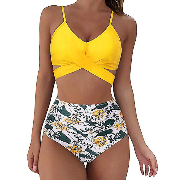 kvinnor Blommig High Waist Bikini Set Baddräkt Sommar Sexiga Badkläder Strandkläder Yellow M