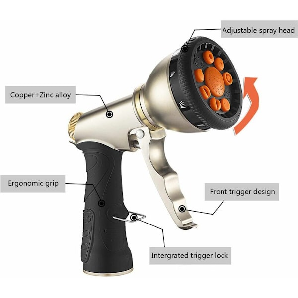 Harvinainen helmikultainen metalli autonpesuvesipistooli huippuluokan monitoimivesipistooli, puutarhasuihku, puutarhasuihkupistooli.