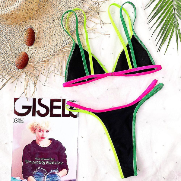 naisten Color Block Swimsuit Bikini Set Thong Summer Beach Bathing Suit Uimapuvut Black L