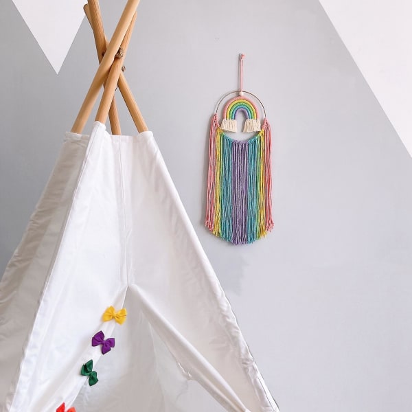 Väggtapet Lång tofs Regnbågsfärg Snodddesign Lätt att hänga bleklös nordisk stil vävt vägghänge för barnkammare
